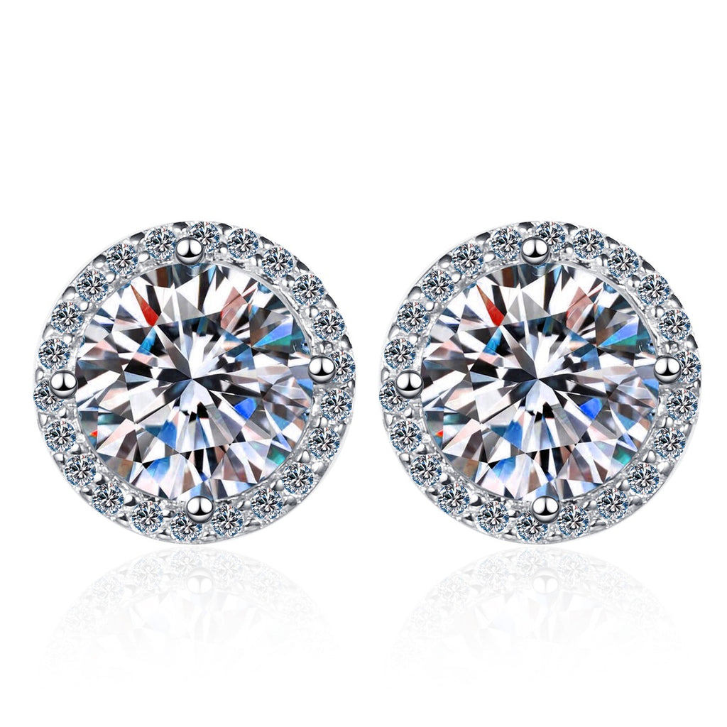 Round Halo Moissanite Stud Earrings with CZ in Rhodium-Plated S925 sterling silver white background product photo showing the pair, stone shape, and stud earrings silhouette