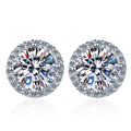 Round Halo Moissanite Stud Earrings with CZ in Rhodium-Plated S925 sterling silver white background product photo showing the pair, stone shape, and stud earrings silhouette