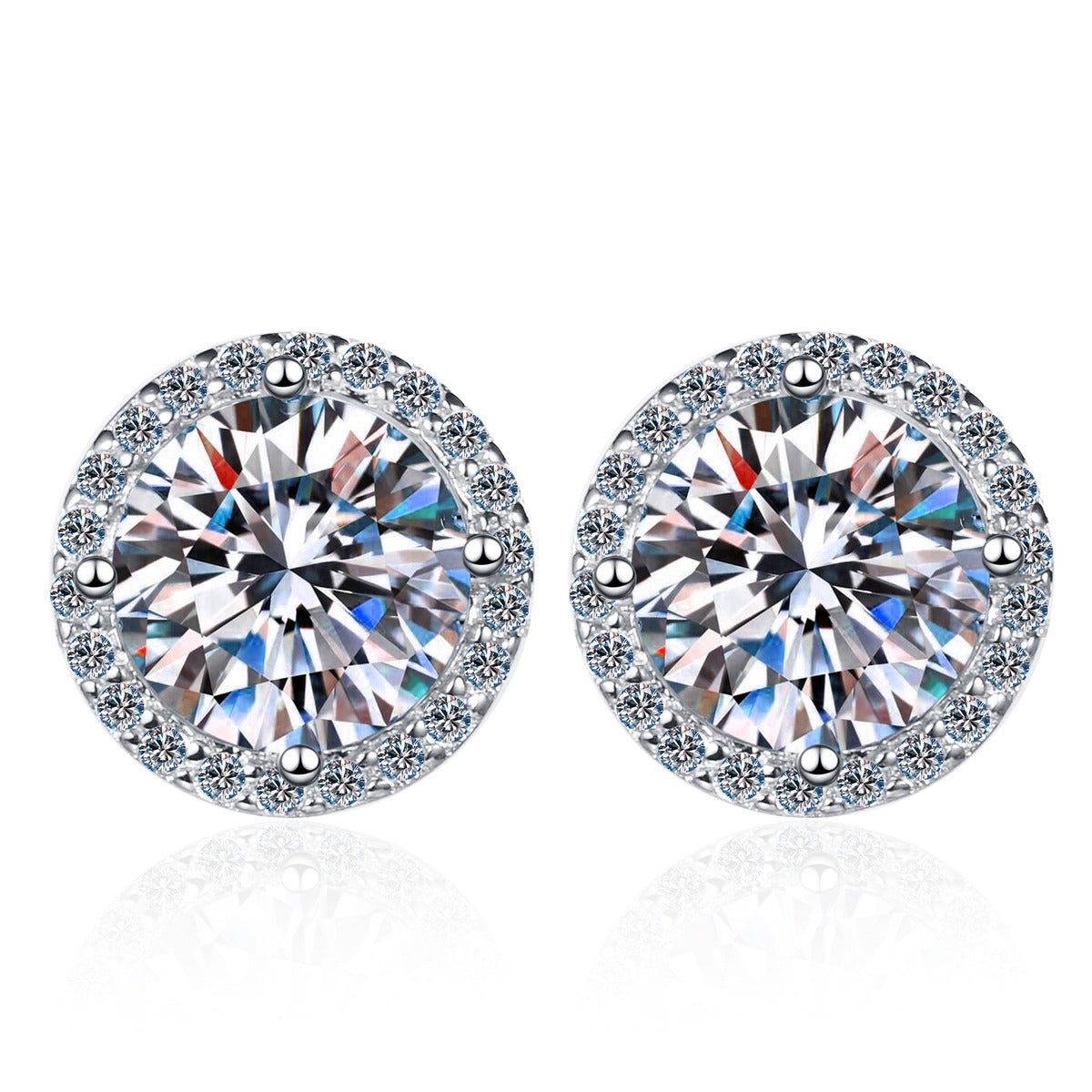 Round Halo Moissanite Stud Earrings with CZ in Rhodium-Plated S925 sterling silver white background product photo showing the pair, stone shape, and stud earrings silhouette
