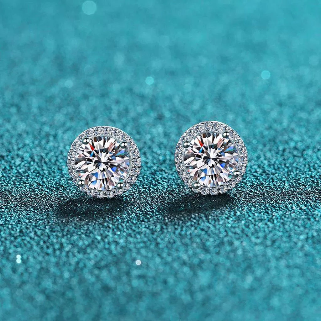 Round Halo Moissanite Stud Earrings with CZ in Rhodium-Plated S925 sterling silver product scene view showing front sparkle