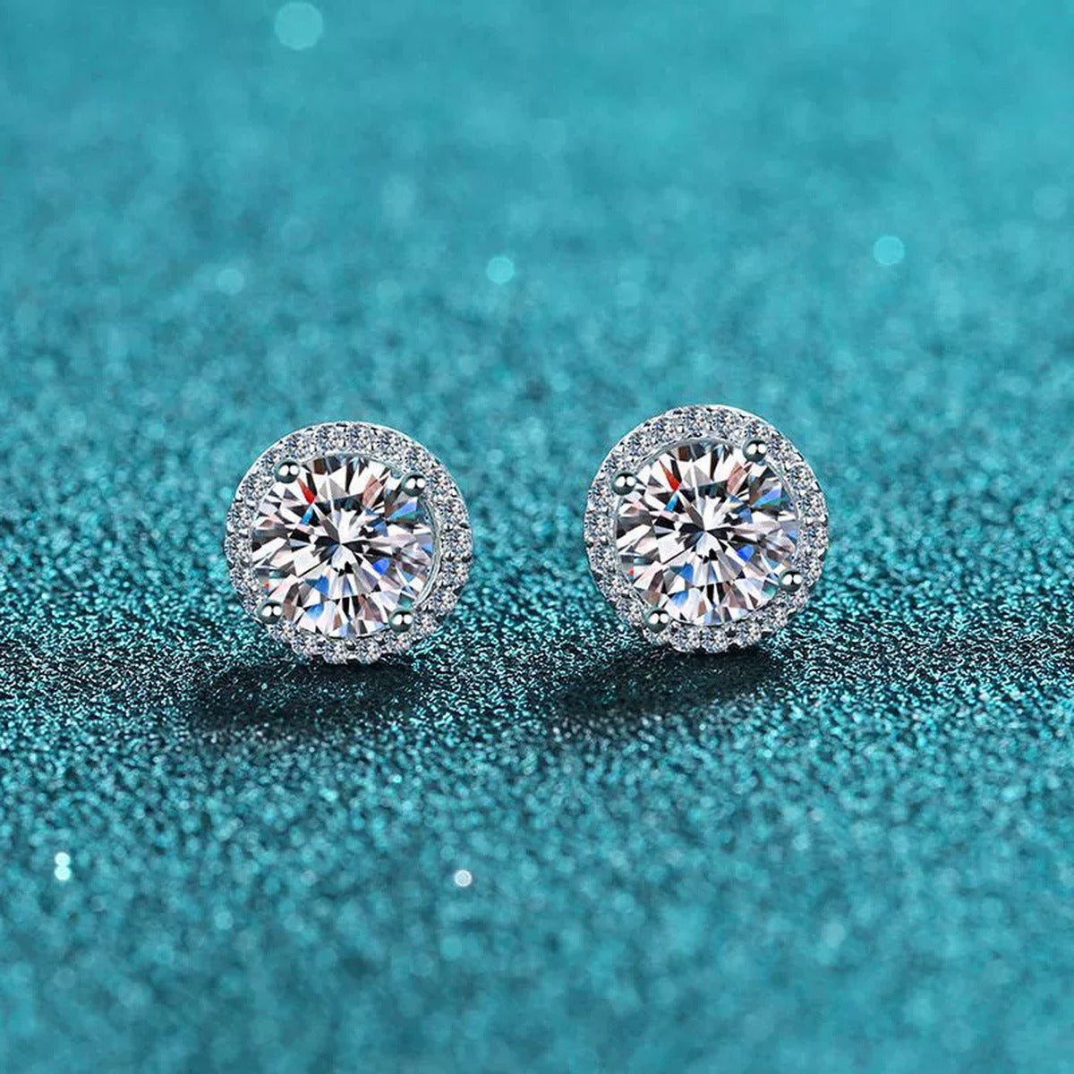 Round Halo Moissanite Stud Earrings with CZ in Rhodium-Plated S925 sterling silver product scene view showing front sparkle