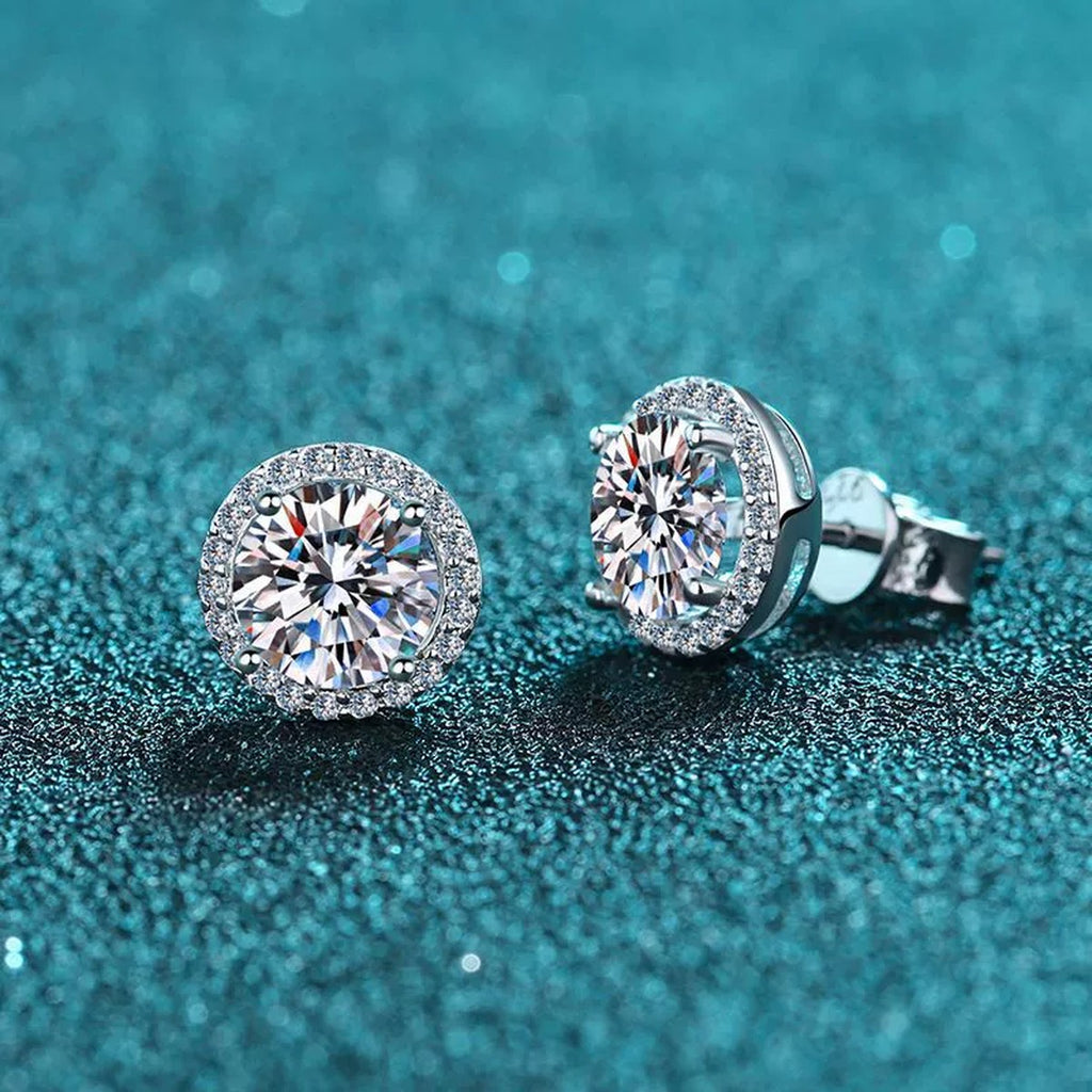 Round Halo Moissanite Stud Earrings with CZ in Rhodium-Plated S925 sterling silver product scene view showing angled setting detail