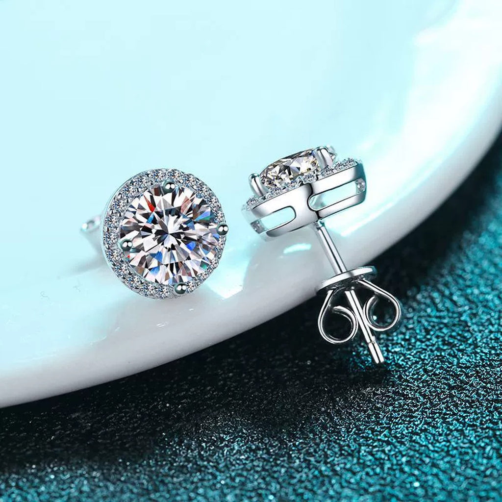 Round Halo Moissanite Stud Earrings with CZ in Rhodium-Plated S925 sterling silver product scene view showing side profile