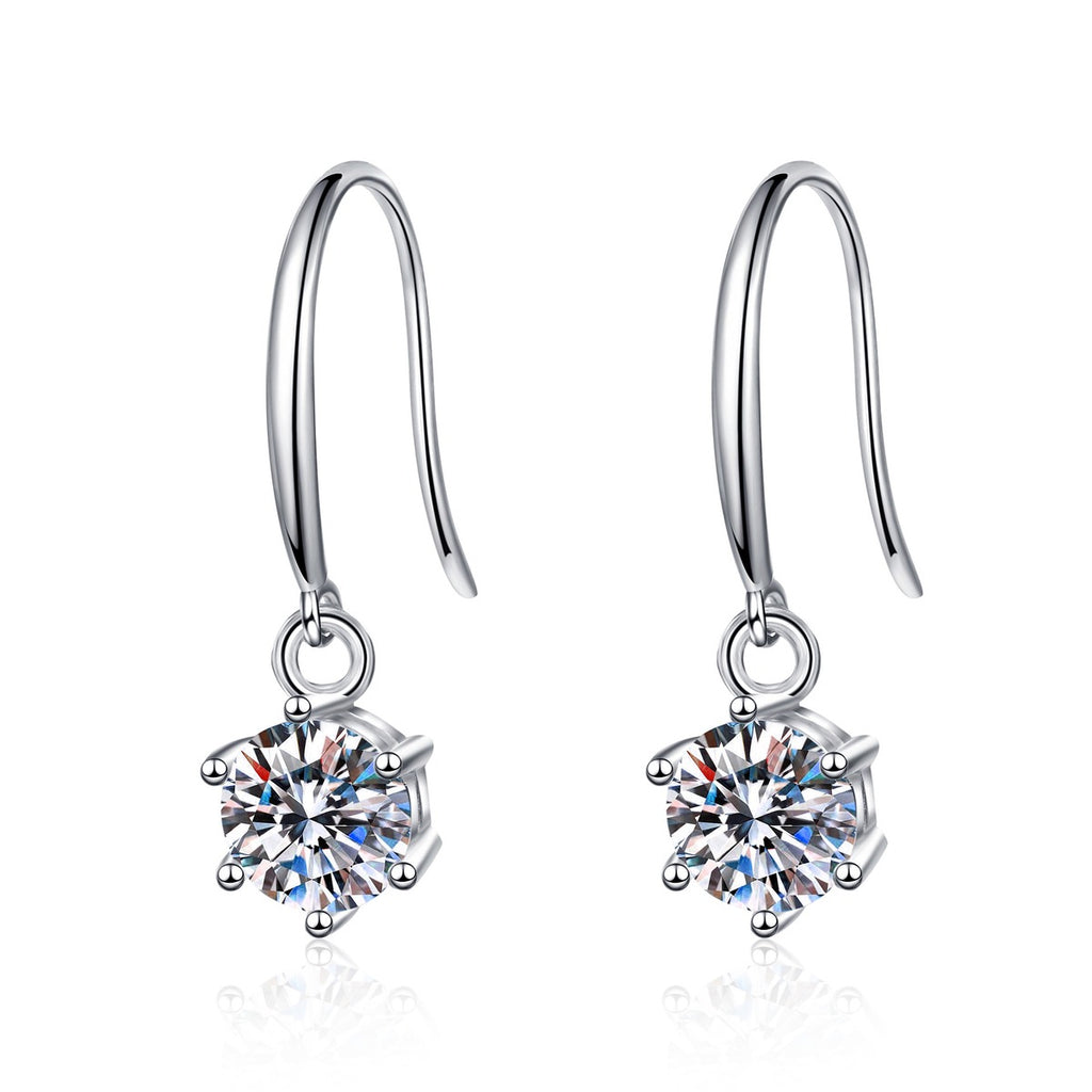 Round Moissanite Hook Dangle Earrings in Rhodium-Plated S925 sterling silver white background product photo showing the pair, stone shape, and hook dangle earrings silhouette