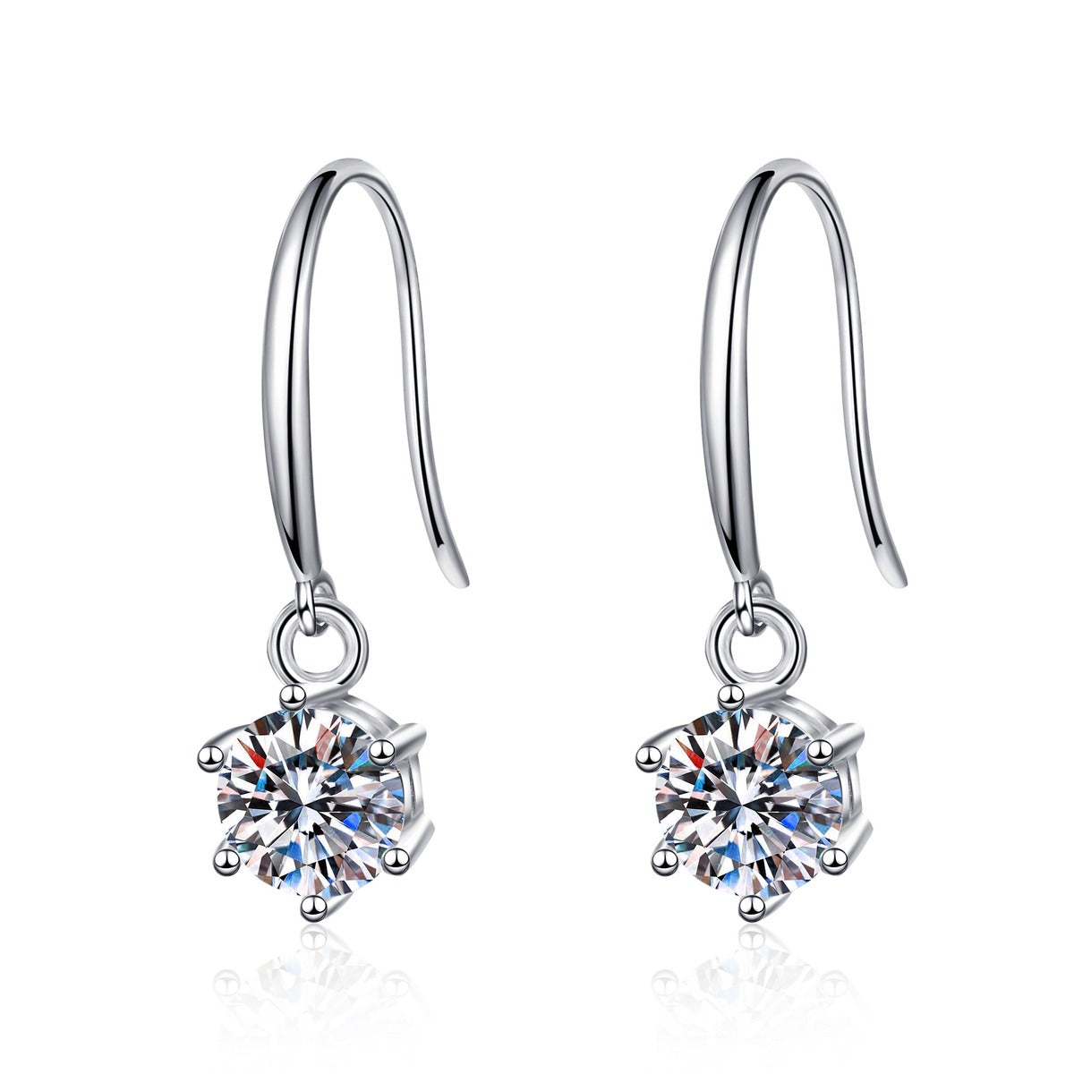 Round Moissanite Hook Dangle Earrings in Rhodium-Plated S925 sterling silver white background product photo showing the pair, stone shape, and hook dangle earrings silhouette