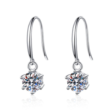Round Moissanite Hook Dangle Earrings in Rhodium-Plated S925 sterling silver white background product photo showing the pair, stone shape, and hook dangle earrings silhouette