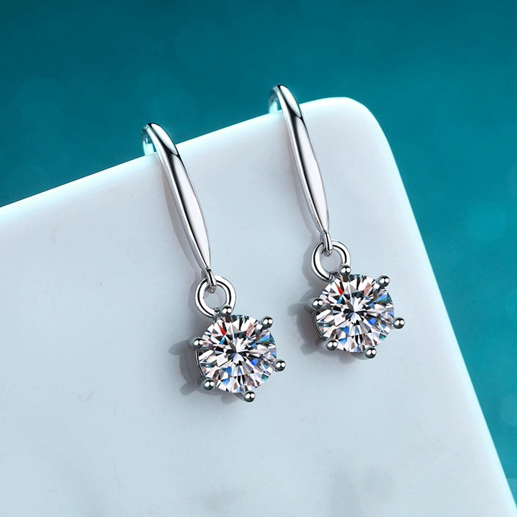 Round Moissanite Hook Dangle Earrings in Rhodium-Plated S925 sterling silver product scene view showing front sparkle