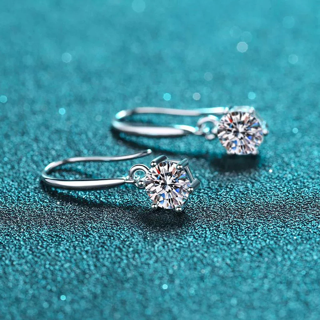 Round Moissanite Hook Dangle Earrings in Rhodium-Plated S925 sterling silver product scene view showing angled setting detail