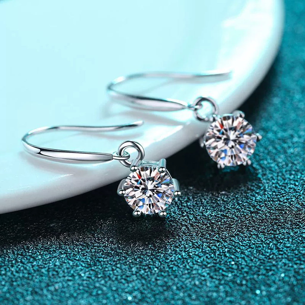 Round Moissanite Hook Dangle Earrings in Rhodium-Plated S925 sterling silver product scene view showing side profile
