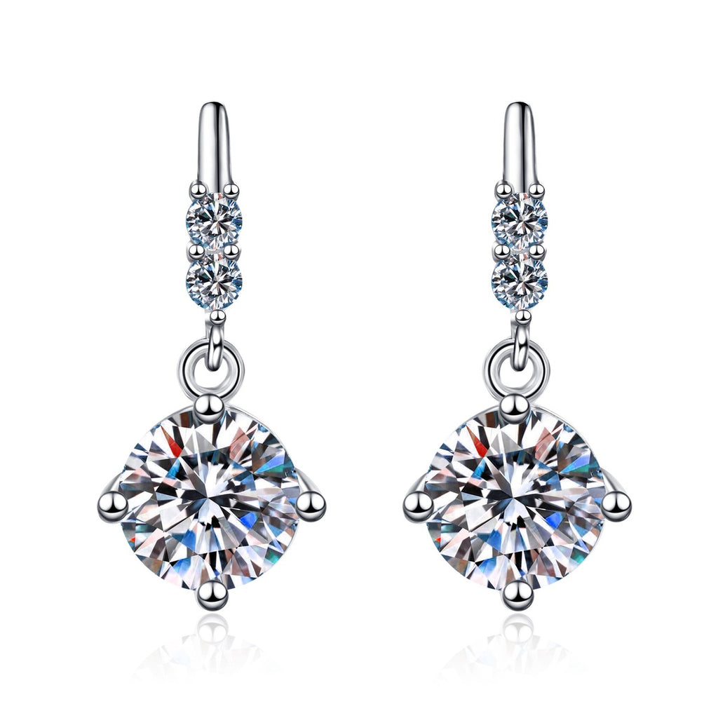 Round Moissanite Stud Dangle Earrings with CZ in Rhodium-Plated S925 sterling silver white background product photo showing the pair, stone shape, and stud dangle earrings silhouette