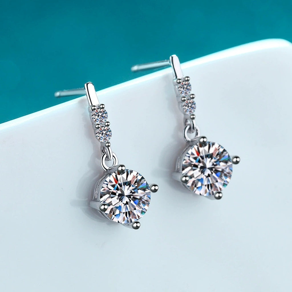 Round Moissanite Stud Dangle Earrings with CZ in Rhodium-Plated S925 sterling silver product scene view showing front sparkle