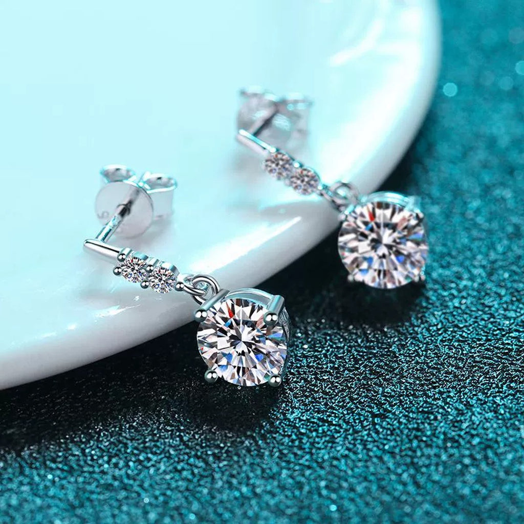 Round Moissanite Stud Dangle Earrings with CZ in Rhodium-Plated S925 sterling silver product scene view showing side profile