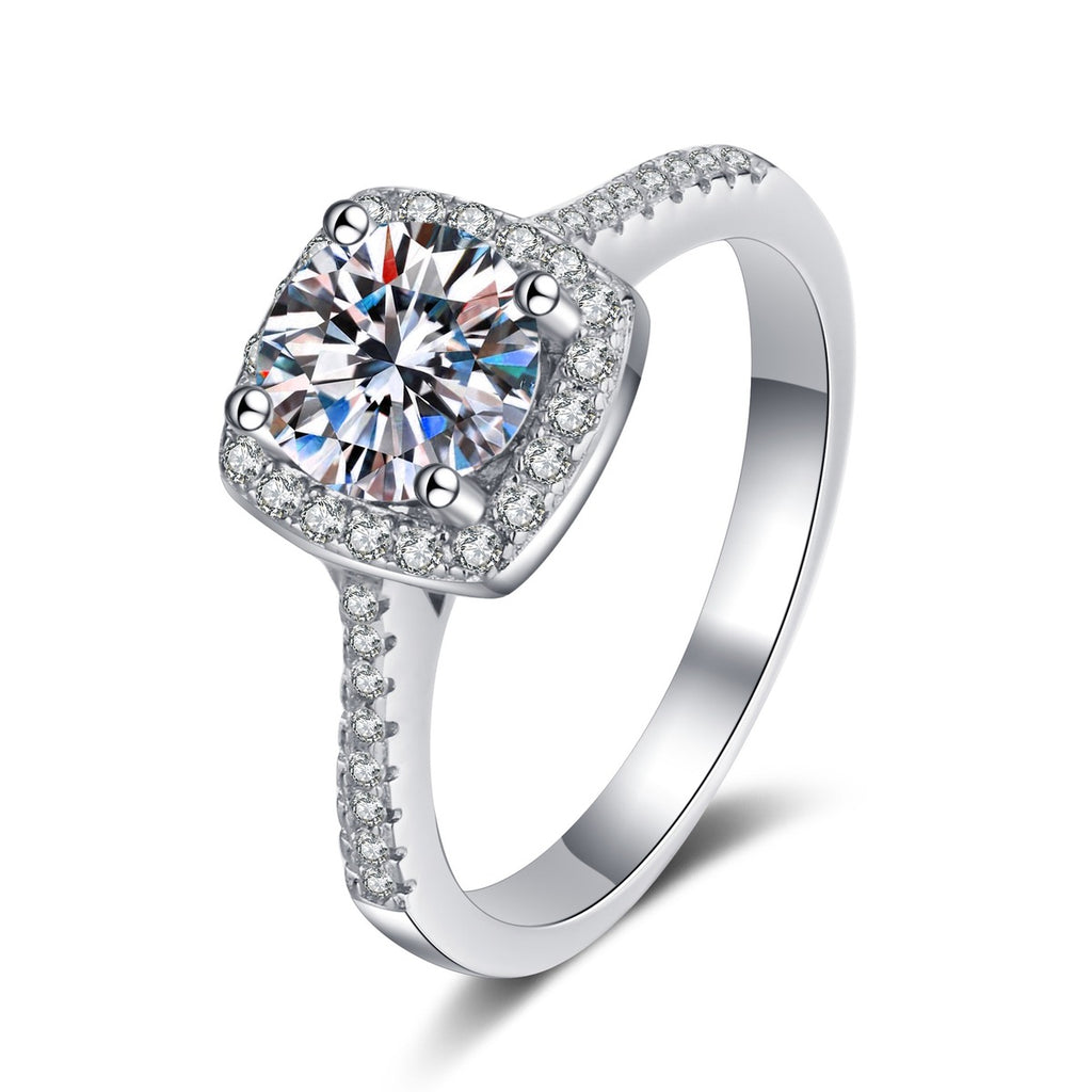 Cushion Halo Moissanite Ring with CZ in Rhodium-Plated S925 Sterling Silver clean white background product photo showing the ring silhouette and moissanite setting