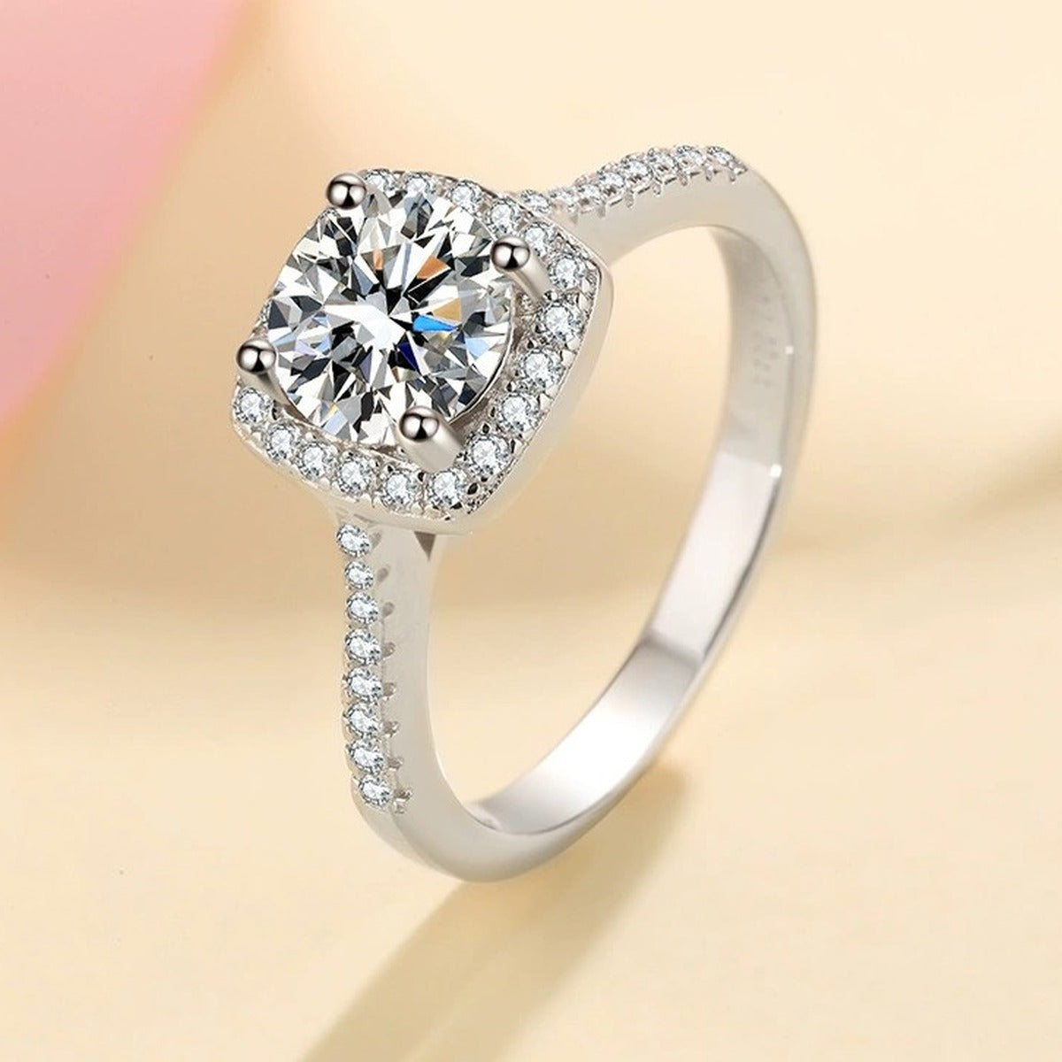 Cushion Halo Moissanite Ring with CZ in Rhodium-Plated S925 Sterling Silver studio product angle showing the ring setting, stone detail, and band design
