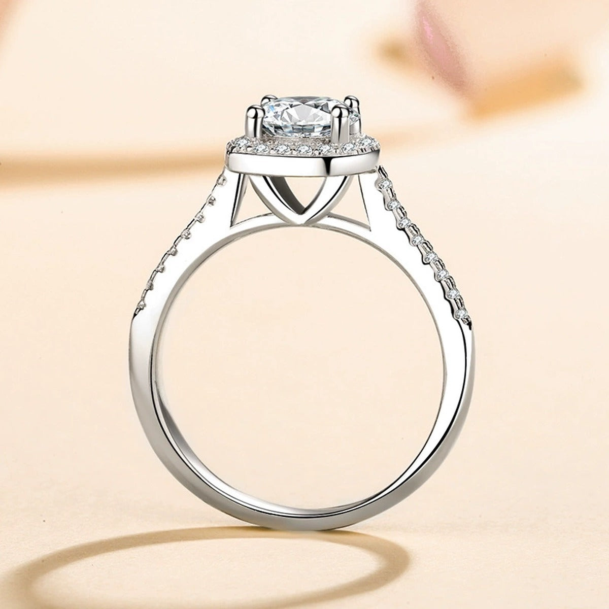 Cushion Halo Moissanite Ring with CZ in Rhodium-Plated S925 Sterling Silver studio product angle showing the ring setting, stone detail, and band design