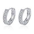 Pavé Moissanite Huggie Hoop Earrings in Rhodium-Plated S925 sterling silver white background product photo showing the pair, stone shape, and huggie hoop earrings silhouette
