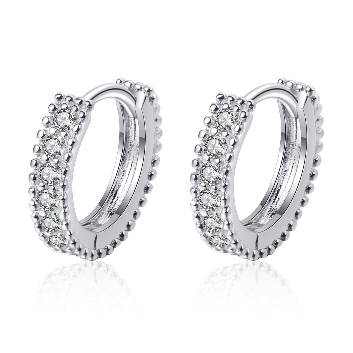 Pavé Moissanite Huggie Hoop Earrings in Rhodium-Plated S925 sterling silver white background product photo showing the pair, stone shape, and huggie hoop earrings silhouette