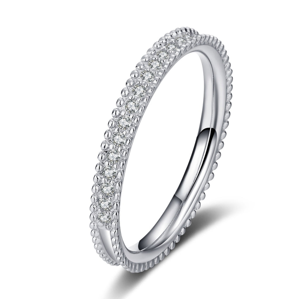 Round Moissanite Ring in Rhodium-Plated S925 Sterling Silver clean white background product photo showing the ring silhouette and moissanite setting