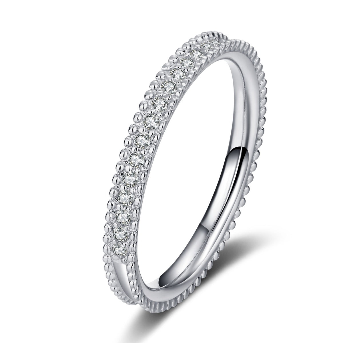 Round Moissanite Ring in Rhodium-Plated S925 Sterling Silver clean white background product photo showing the ring silhouette and moissanite setting