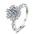 Round Floral Halo Moissanite Ring with CZ in rhodium-plated S925 sterling silver on clean white background