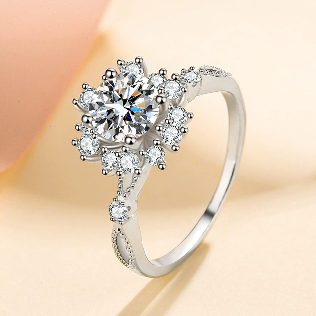 Round Floral Halo Moissanite Ring with CZ product view showing moissanite setting and metal finish