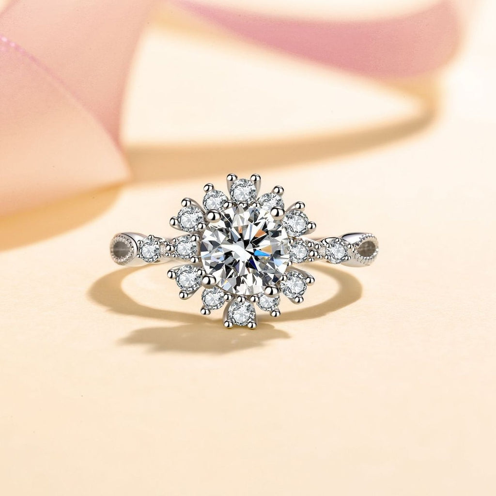Round Floral Halo Moissanite Ring with CZ product view showing moissanite setting and metal finish