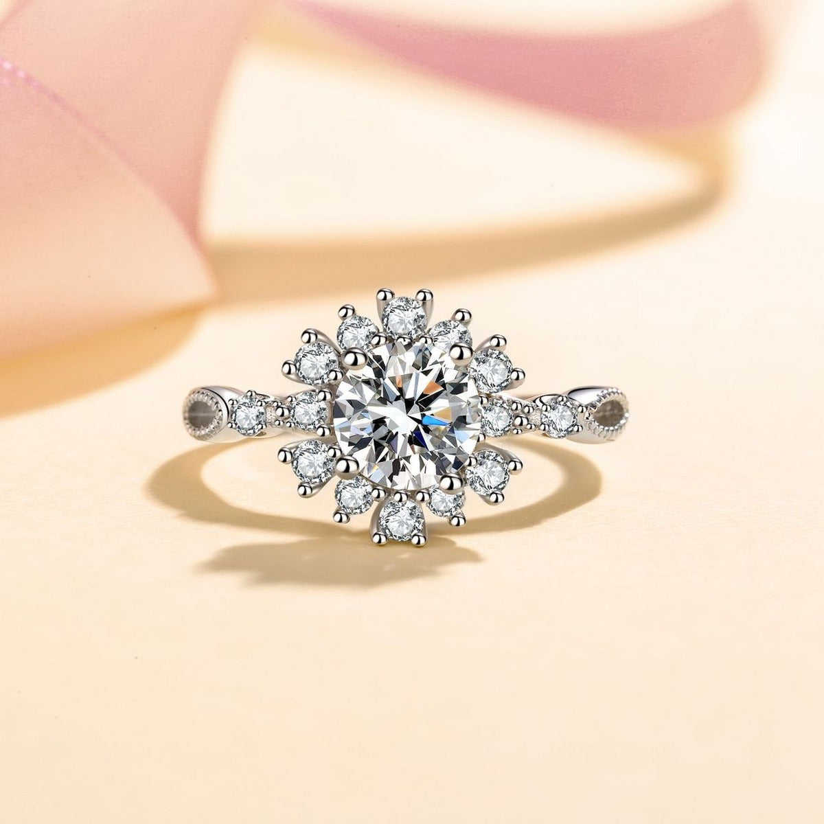 Round Floral Halo Moissanite Ring with CZ product view showing moissanite setting and metal finish