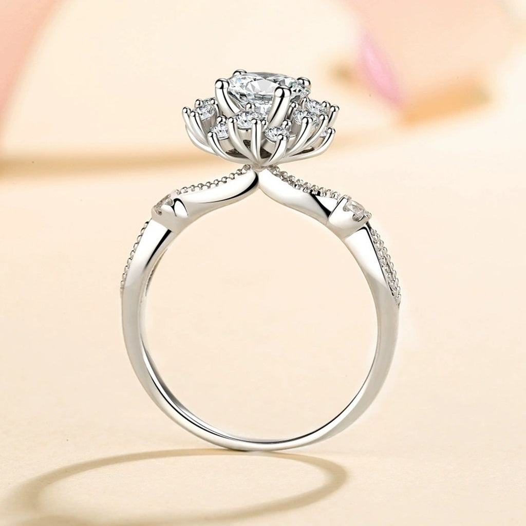 Round Floral Halo Moissanite Ring with CZ product view showing moissanite setting and metal finish
