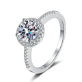 Round Moissanite Side Stone Ring with CZ in Rhodium-Plated S925 Sterling Silver clean white background product photo showing the ring silhouette and moissanite setting