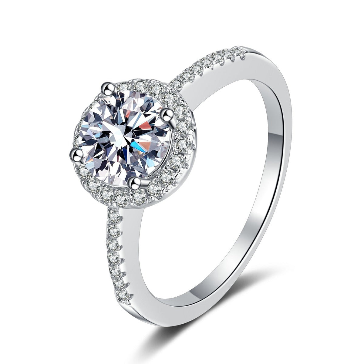 Round Moissanite Side Stone Ring with CZ in Rhodium-Plated S925 Sterling Silver clean white background product photo showing the ring silhouette and moissanite setting
