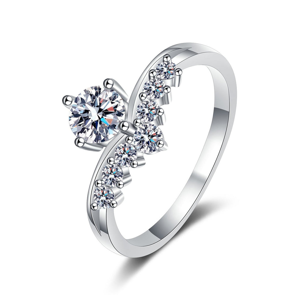 Round Moissanite Chevron Ring with CZ in rhodium-plated S925 sterling silver on clean white background