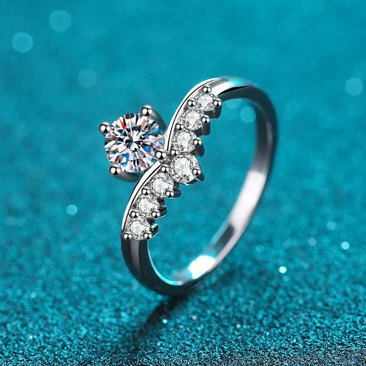 Round Moissanite Chevron Ring with CZ product view showing moissanite setting and metal finish