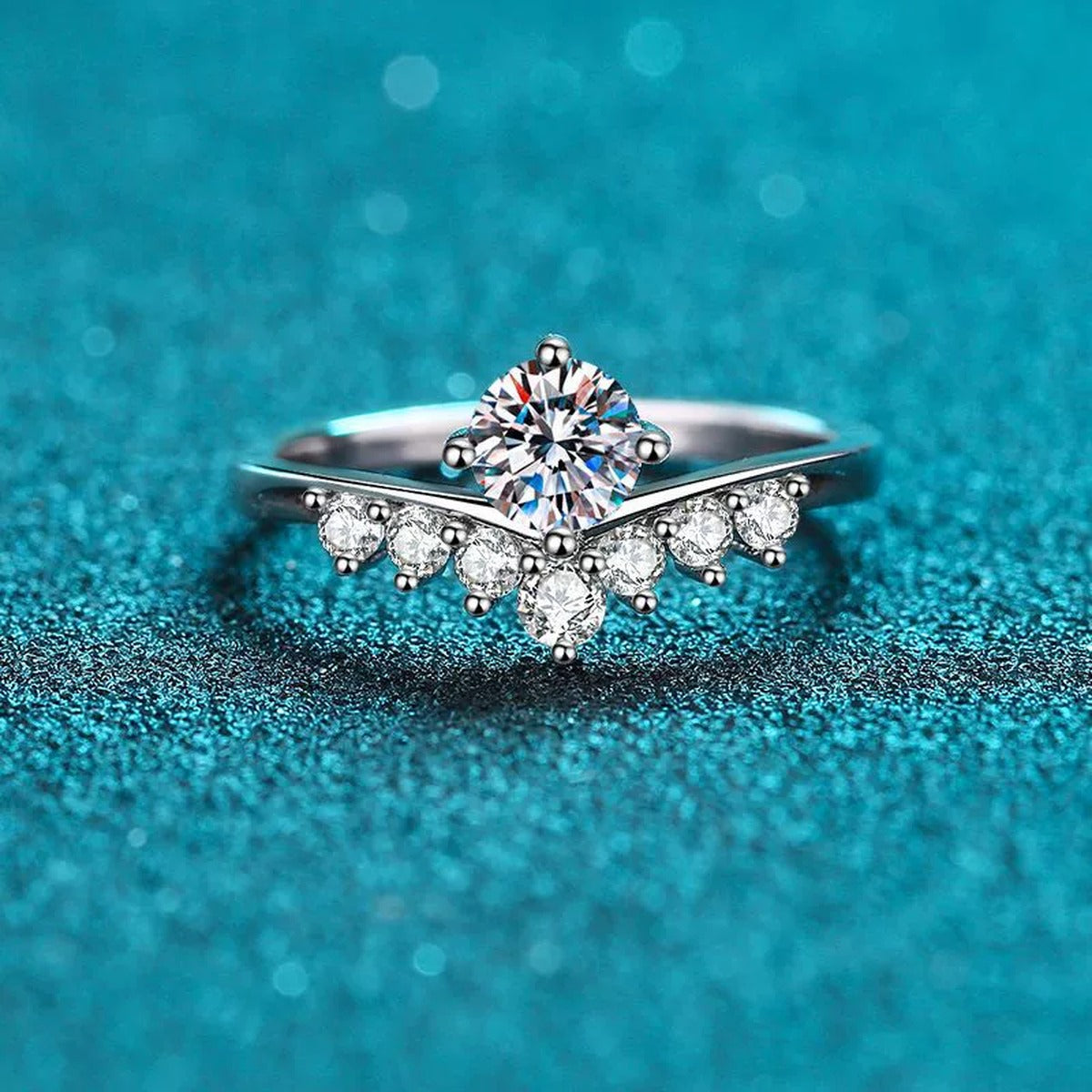 Round Moissanite Chevron Ring with CZ product view showing moissanite setting and metal finish