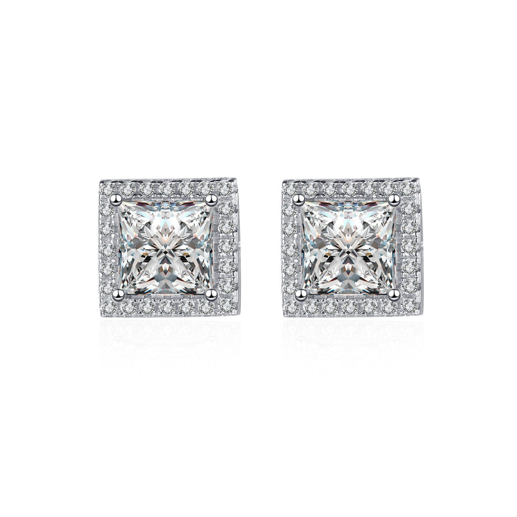 Princess Cut Moissanite Stud Earrings with CZ in Rhodium-Plated S925 sterling silver white background product photo showing the pair, stone shape, and stud earrings silhouette