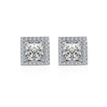 Princess Cut Moissanite Stud Earrings with CZ in Rhodium-Plated S925 sterling silver white background product photo showing the pair, stone shape, and stud earrings silhouette