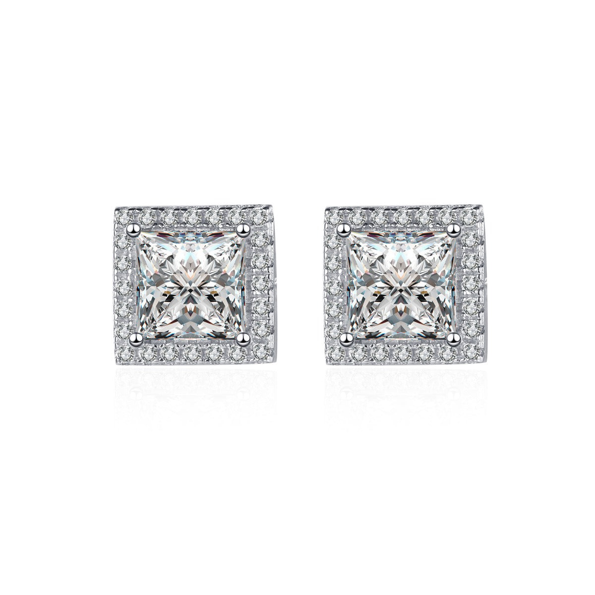 Princess Cut Moissanite Stud Earrings with CZ in Rhodium-Plated S925 sterling silver white background product photo showing the pair, stone shape, and stud earrings silhouette