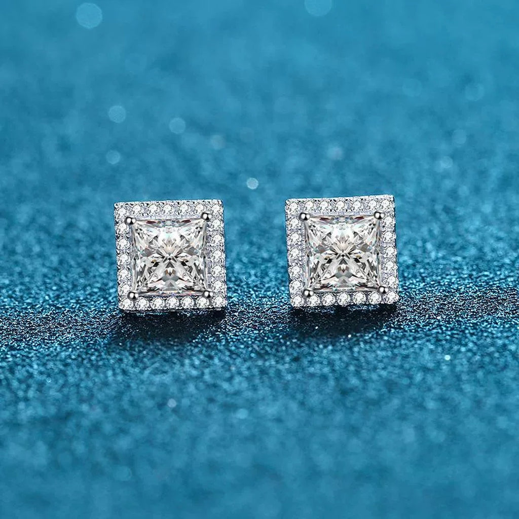 Princess Cut Moissanite Stud Earrings with CZ in Rhodium-Plated S925 sterling silver product scene view showing front sparkle