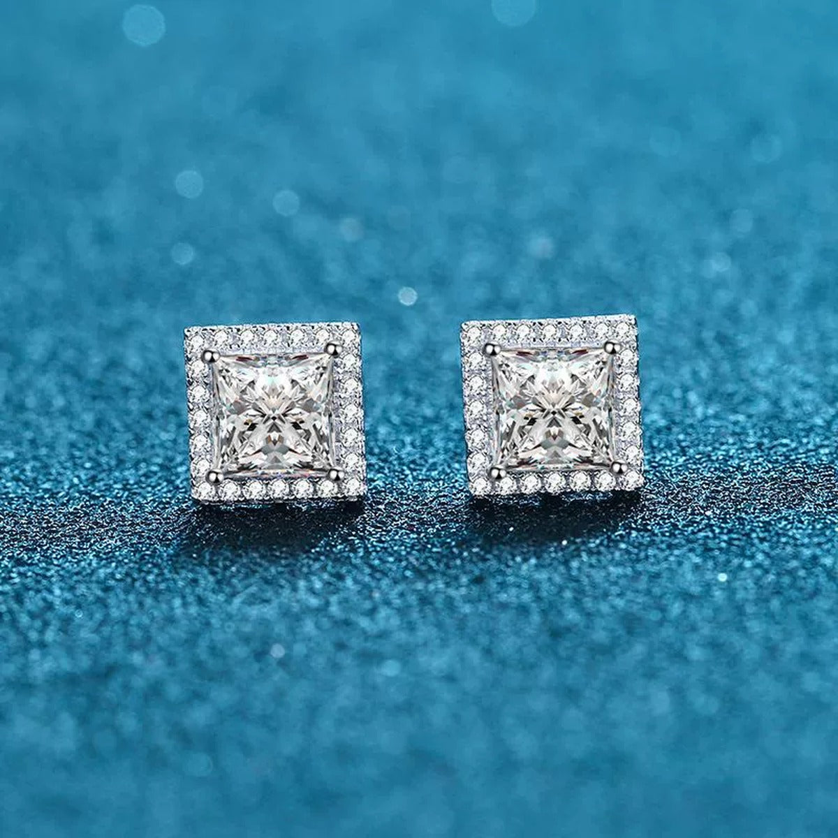 Princess Cut Moissanite Stud Earrings with CZ in Rhodium-Plated S925 sterling silver product scene view showing front sparkle