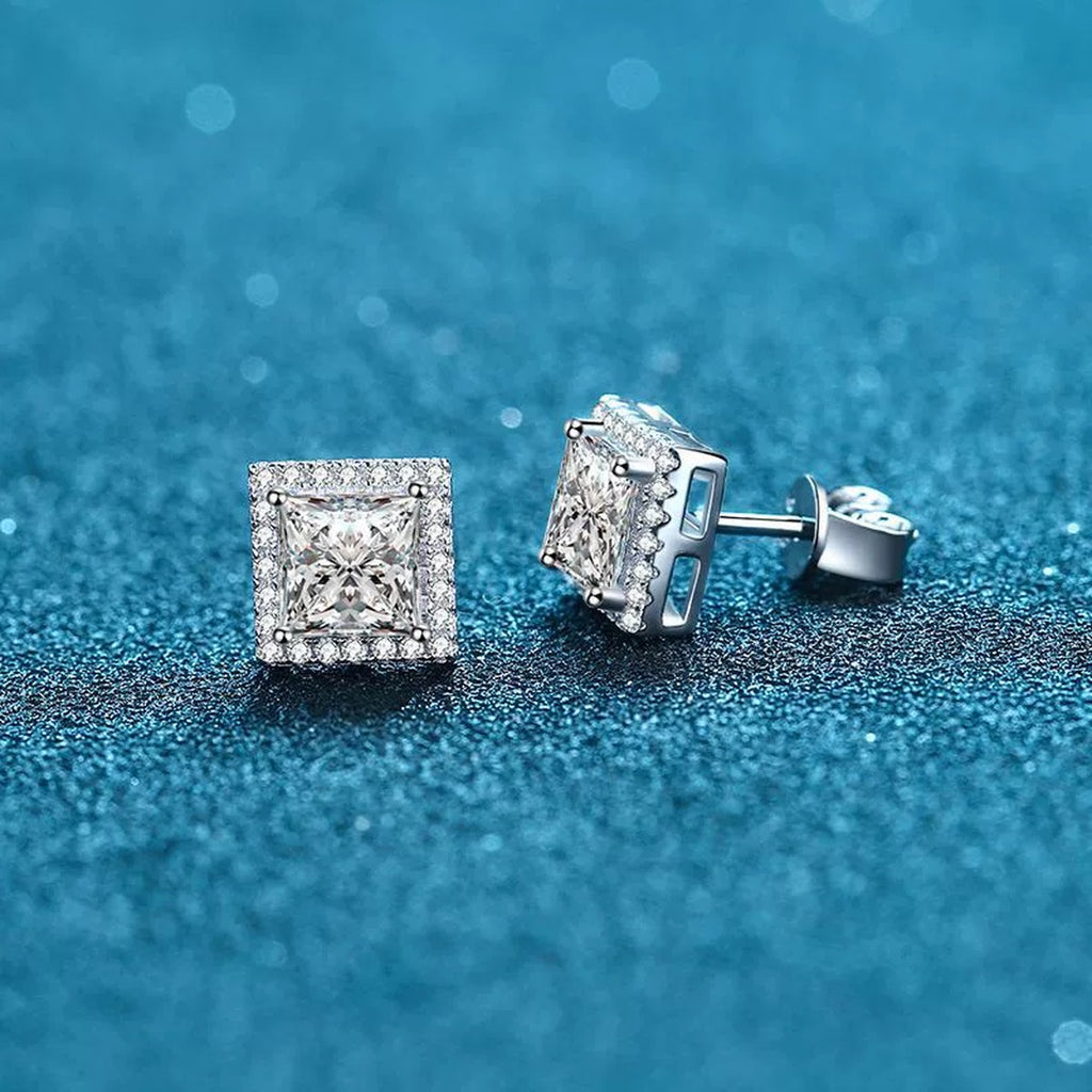 Princess Cut Moissanite Stud Earrings with CZ in Rhodium-Plated S925 sterling silver product scene view showing angled setting detail