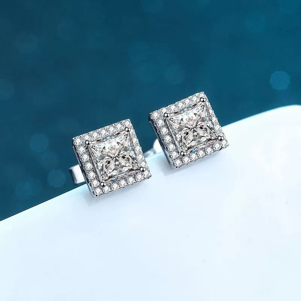 Princess Cut Moissanite Stud Earrings with CZ in Rhodium-Plated S925 sterling silver product scene view showing side profile