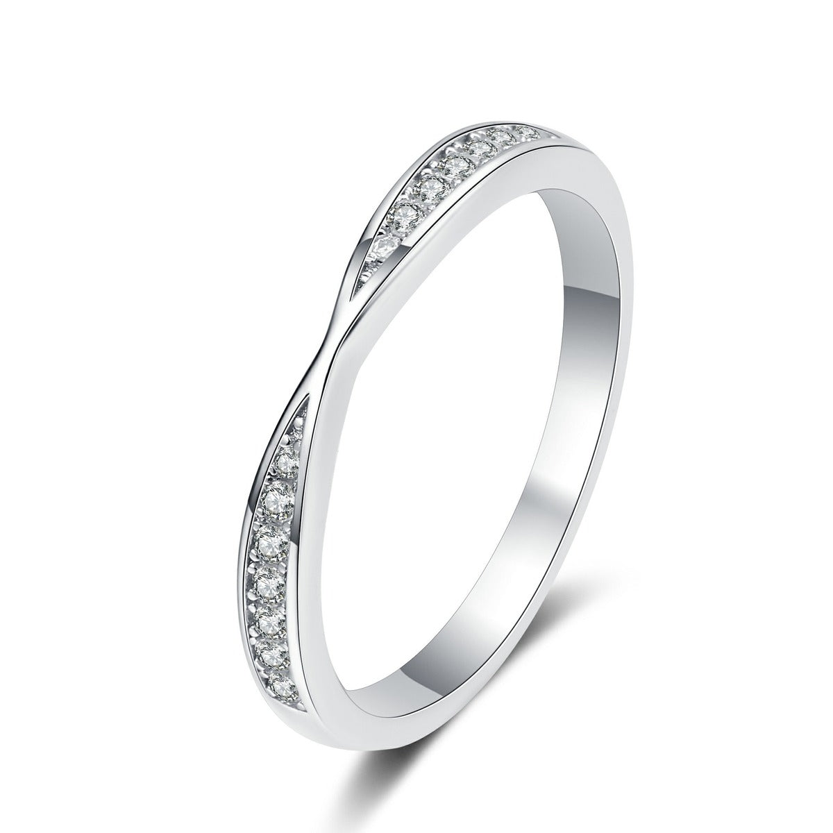Round Moissanite Ring in Rhodium-Plated S925 Sterling Silver clean white background product photo showing the ring silhouette and moissanite setting