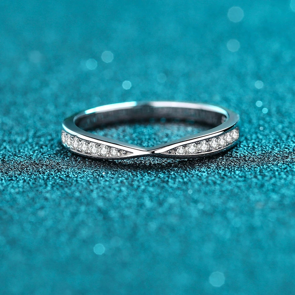 Round Moissanite Ring in Rhodium-Plated S925 Sterling Silver blue display product photo showing the moissanite setting and band profile