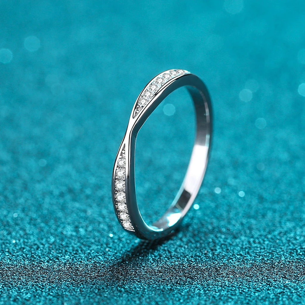 Round Moissanite Ring in Rhodium-Plated S925 Sterling Silver blue display product photo showing the moissanite setting and band profile