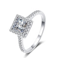Princess Cut Moissanite Halo Engagement Ring with CZ in rhodium-plated S925 sterling silver on clean white background