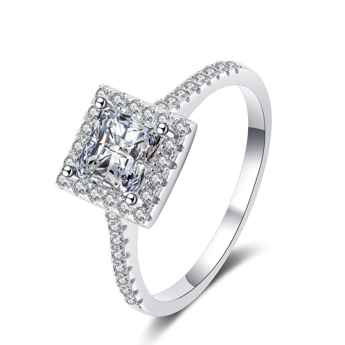 Princess Cut Moissanite Halo Engagement Ring with CZ in rhodium-plated S925 sterling silver on clean white background