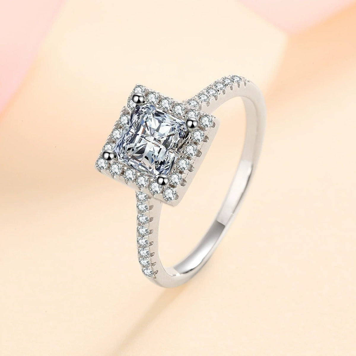 Princess Cut Moissanite Halo Engagement Ring with CZ product view showing moissanite setting and metal finish