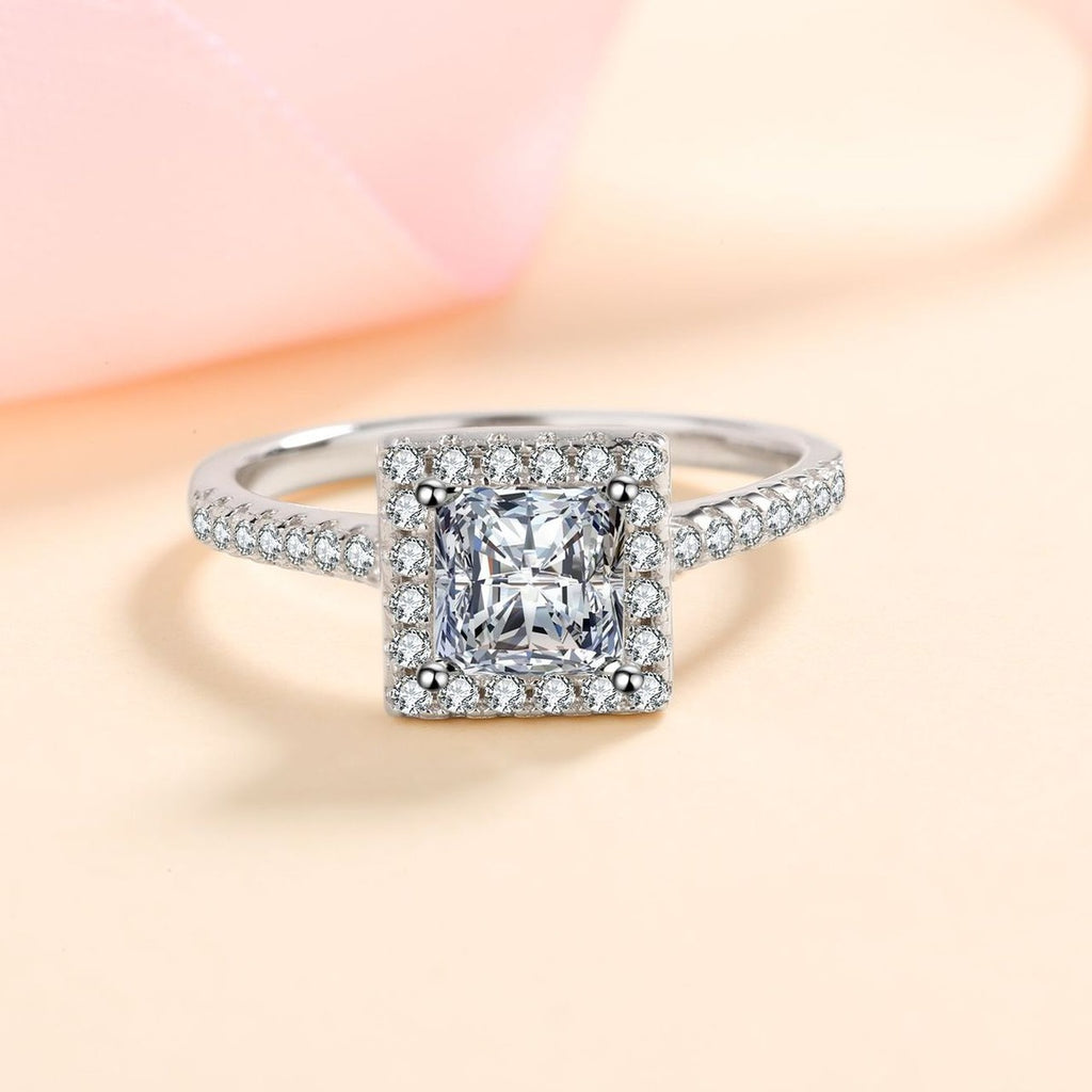 Princess Cut Moissanite Halo Engagement Ring with CZ product view showing moissanite setting and metal finish