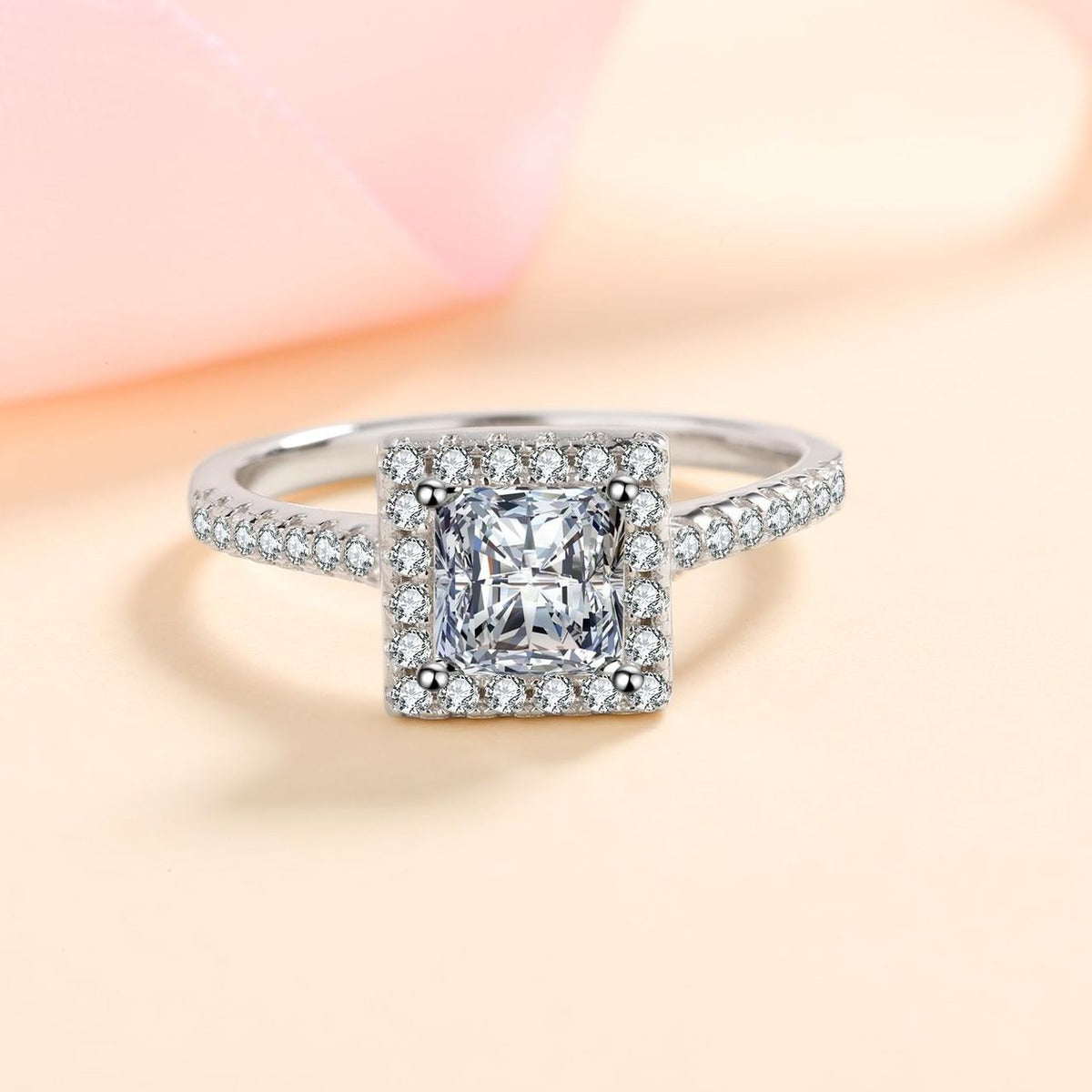 Princess Cut Moissanite Halo Engagement Ring with CZ product view showing moissanite setting and metal finish