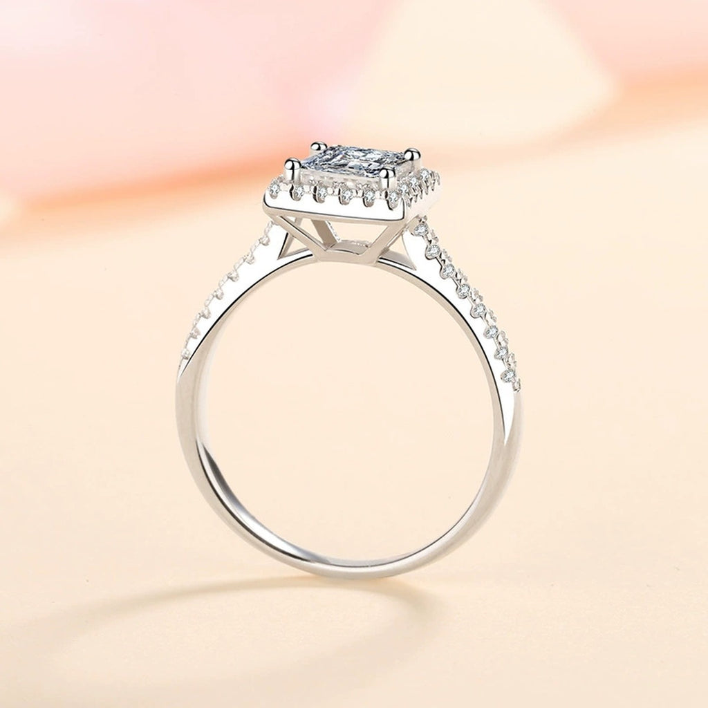 Princess Cut Moissanite Halo Engagement Ring with CZ product view showing moissanite setting and metal finish