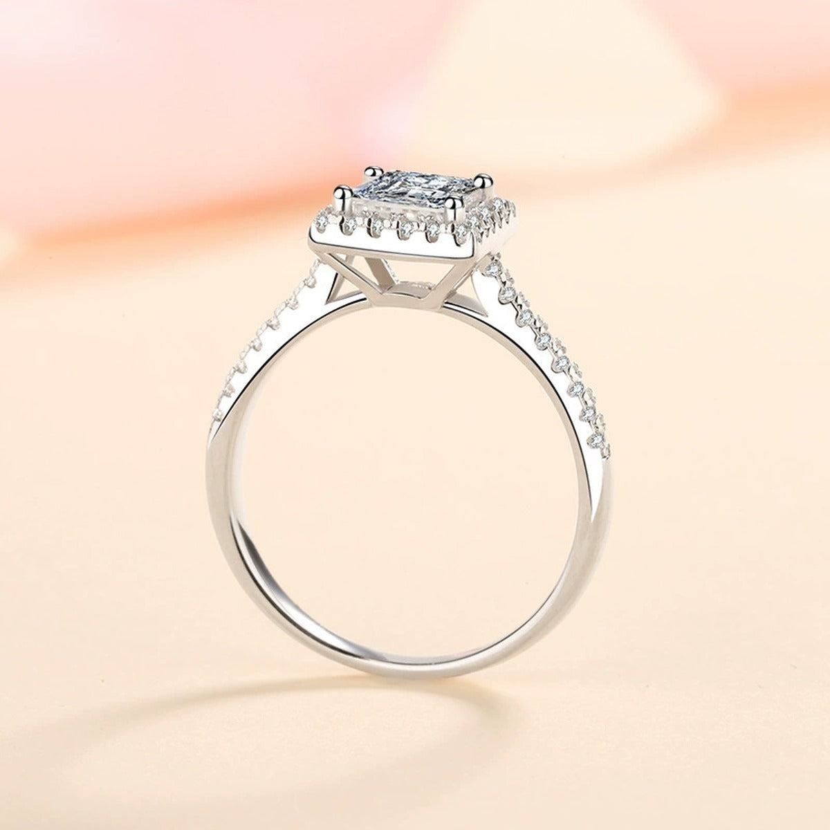 Princess Cut Moissanite Halo Engagement Ring with CZ product view showing moissanite setting and metal finish
